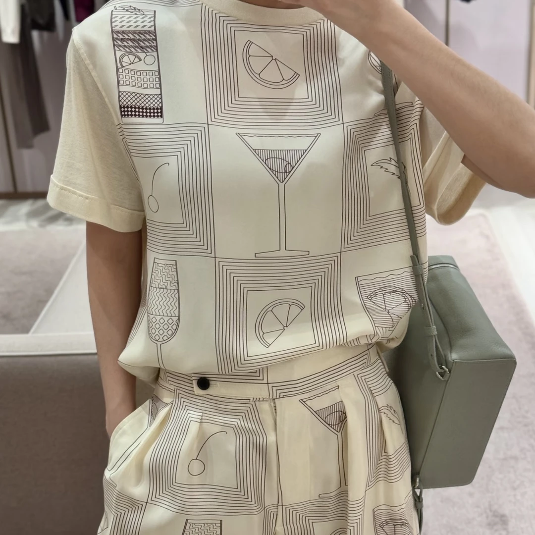 99新 Loro Piana/诺悠翩雅 米黄真丝拼接棉质短袖 L码 GM005833