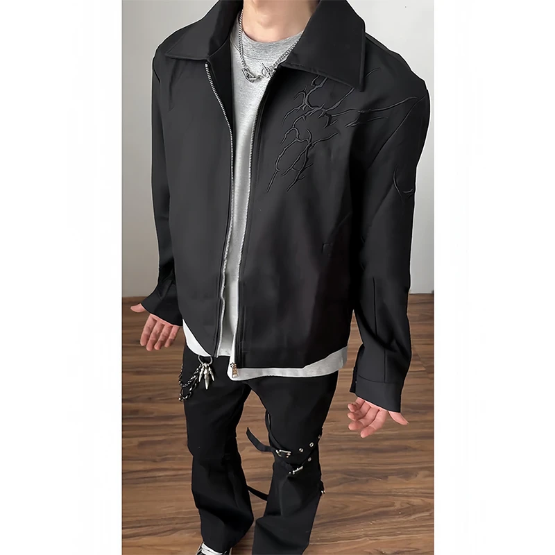 黑色闪电纹刺绣短款外套男款秋季翻领正肩棒球服cleanfit飞行夹克