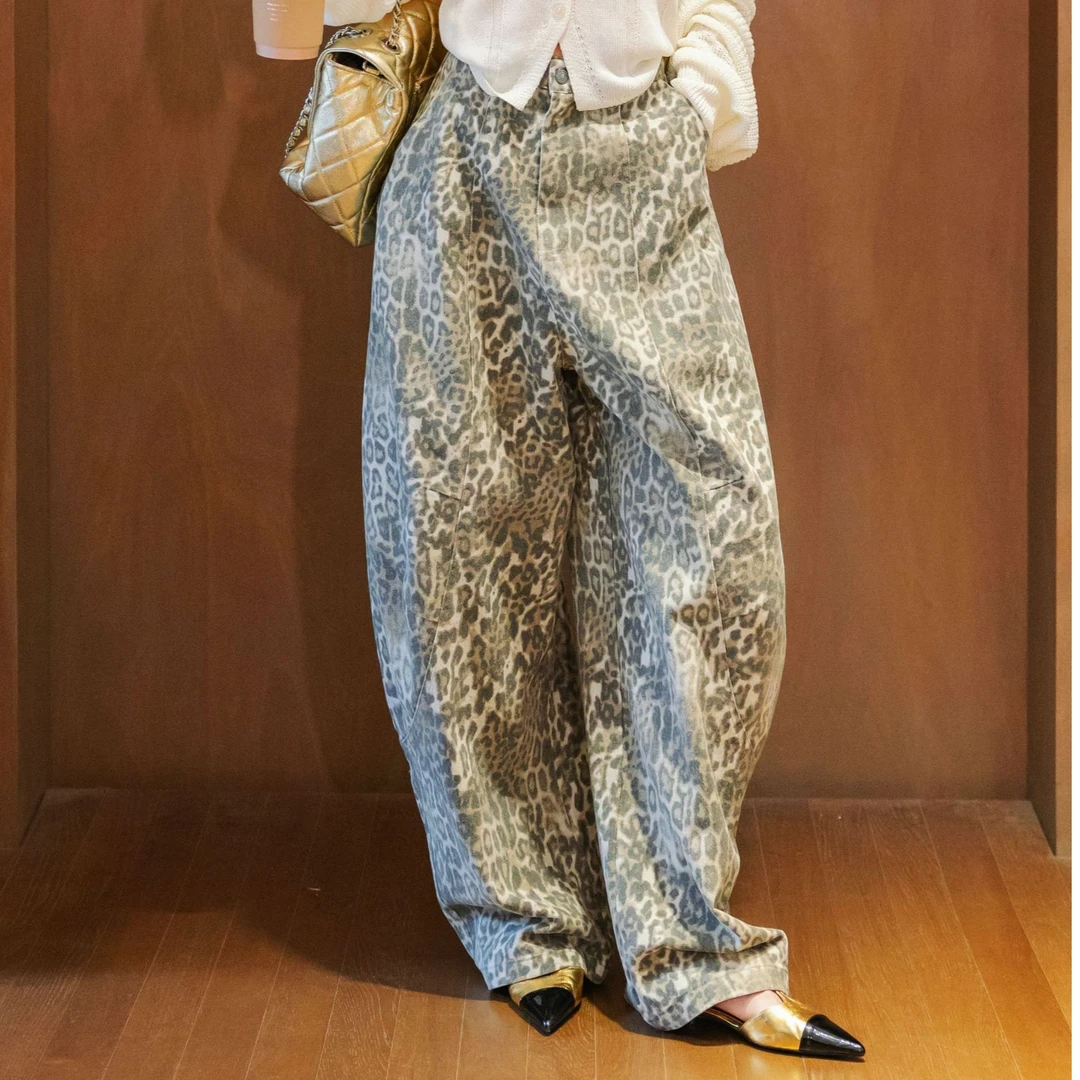 【SISTER姐妹家】美式复古豹纹弯刀裤设计感廓形百搭宽松显瘦拖地裤