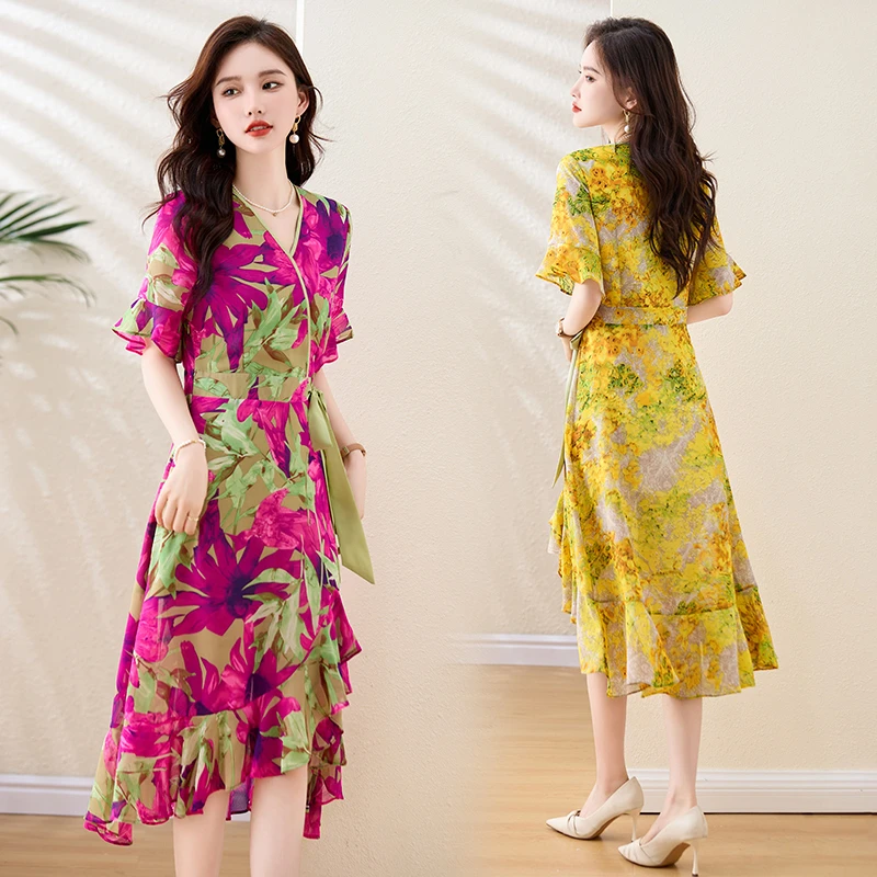 夏季V领印花中长裙喇叭袖连衣裙宽松复古女装中长款修身裙子大码