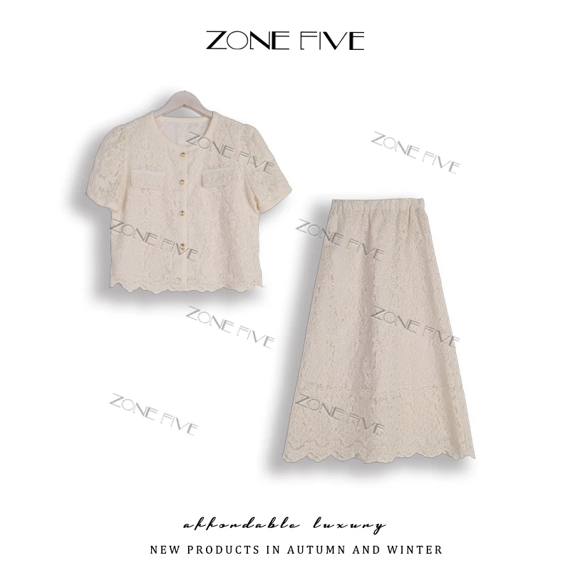 zonefive法式蕾丝网纱舒适透气轻奢气质套装89152