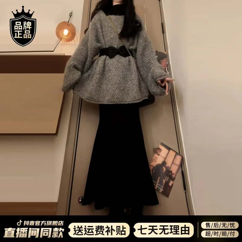 2025新款韩系气质蝴蝶结收腰毛衣女秋冬季慵懒风宽松内搭针织上衣