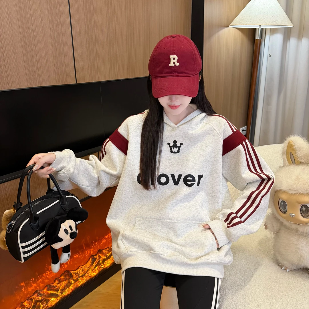 【月落下河】冬季新款时尚宽松条纹显瘦运动百搭情侣连帽卫衣09-1