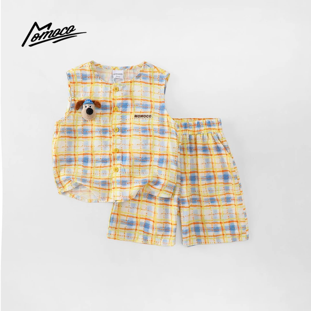 MOMOCO童装夏男童时尚夏日乐园条纹格子卡通无袖套装77230578584