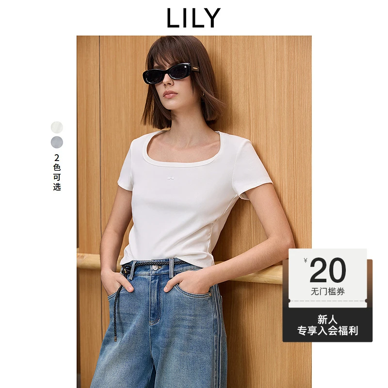 LILY2025春法式气质U领百搭修身显瘦通勤纯色短袖T恤125129VT916