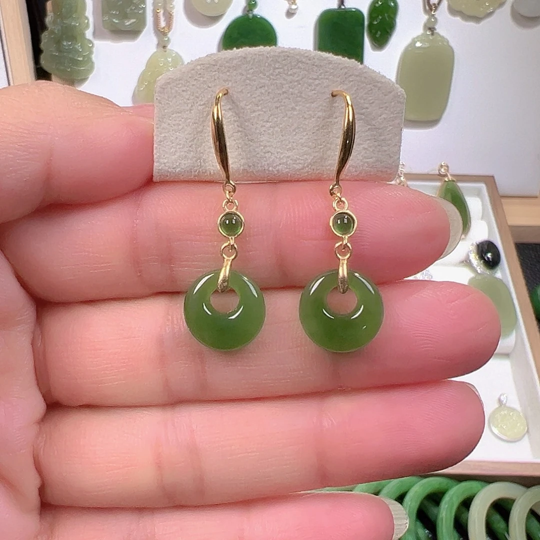 和田玉（碧玉）银S925镀金镶嵌耳饰