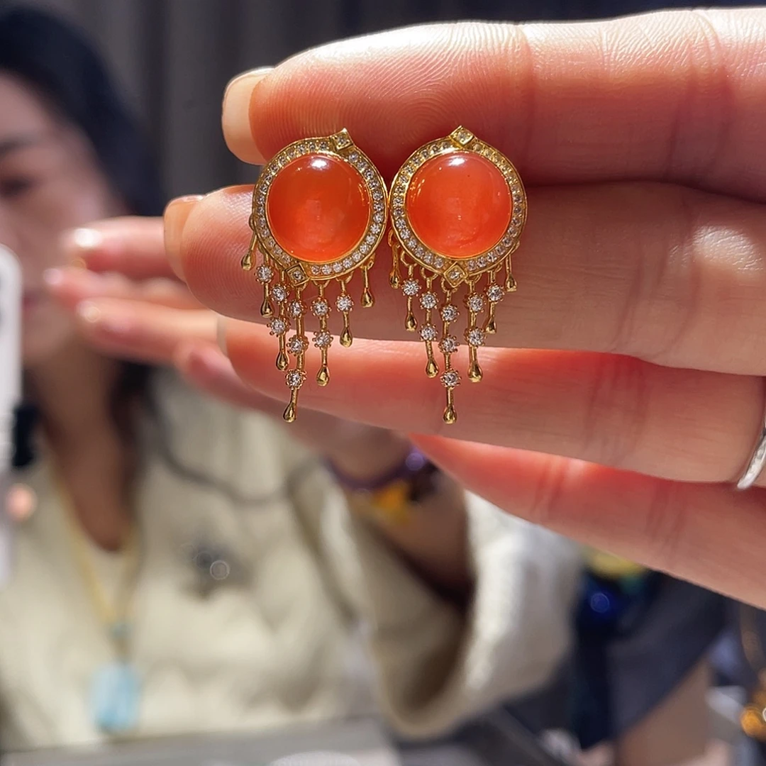 南红玛瑙银S925镶嵌耳饰大气款