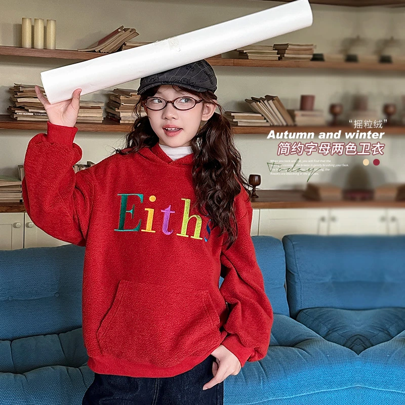 女童字母刺绣休闲款连帽卫衣加绒加厚SY651