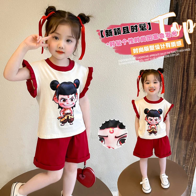 女宝宝哪吒衣服夏季2025新款短袖T恤套装小女孩国潮动漫两件套潮