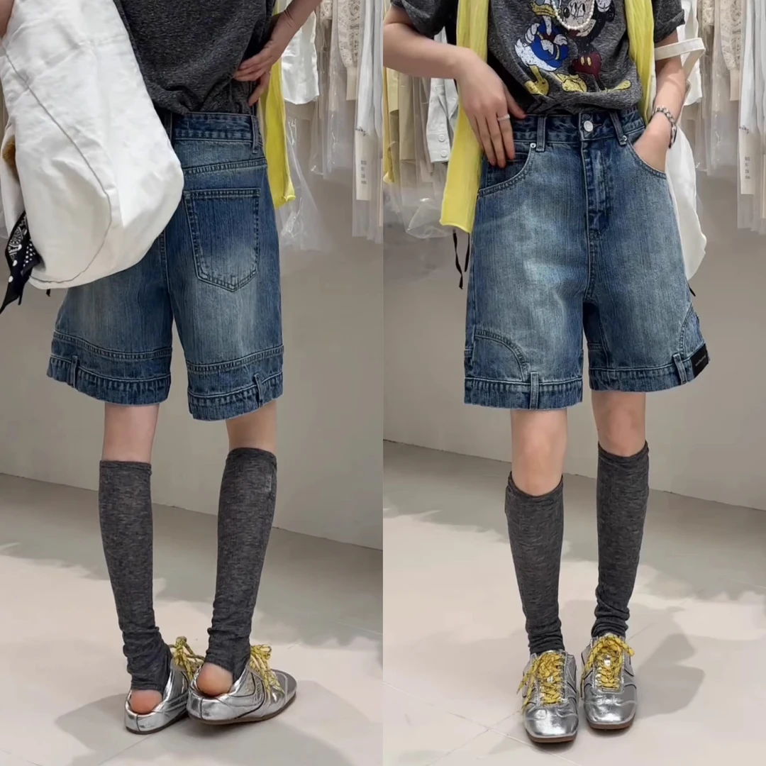 欧洲站夏季新款洋气时尚设计感直筒裤脚定标扣袢牛仔四分裤潮