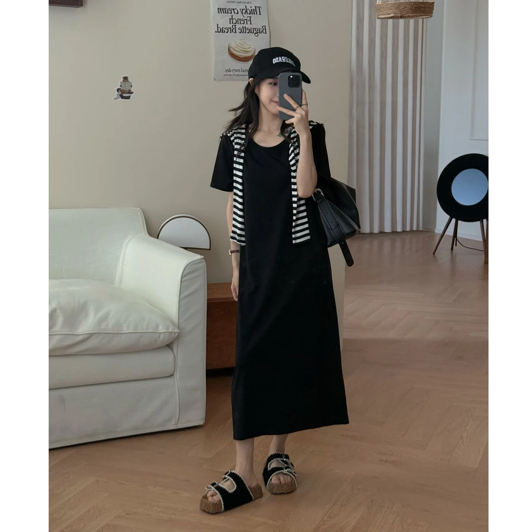 【正反两穿】小个子垂顺罗马长款遮肉显瘦短袖T恤裙（不含披肩）