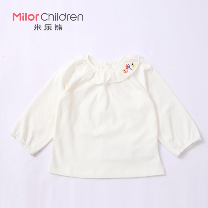 米乐熊女童百搭翻领刺绣小花T恤2532