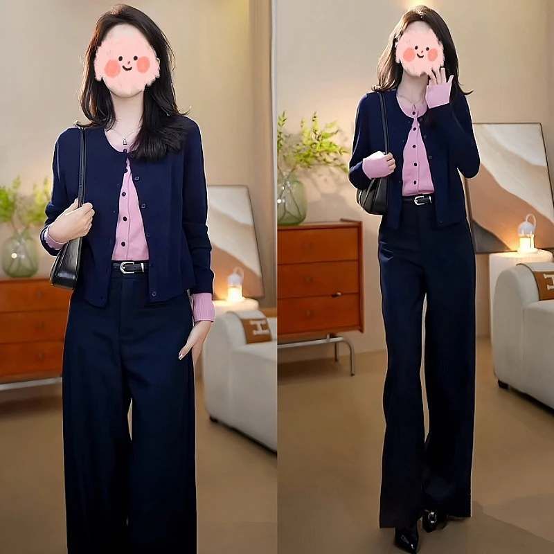 时尚洋气千金清冷感贵系设计感假两件针织衫休闲裤两件套新款套装