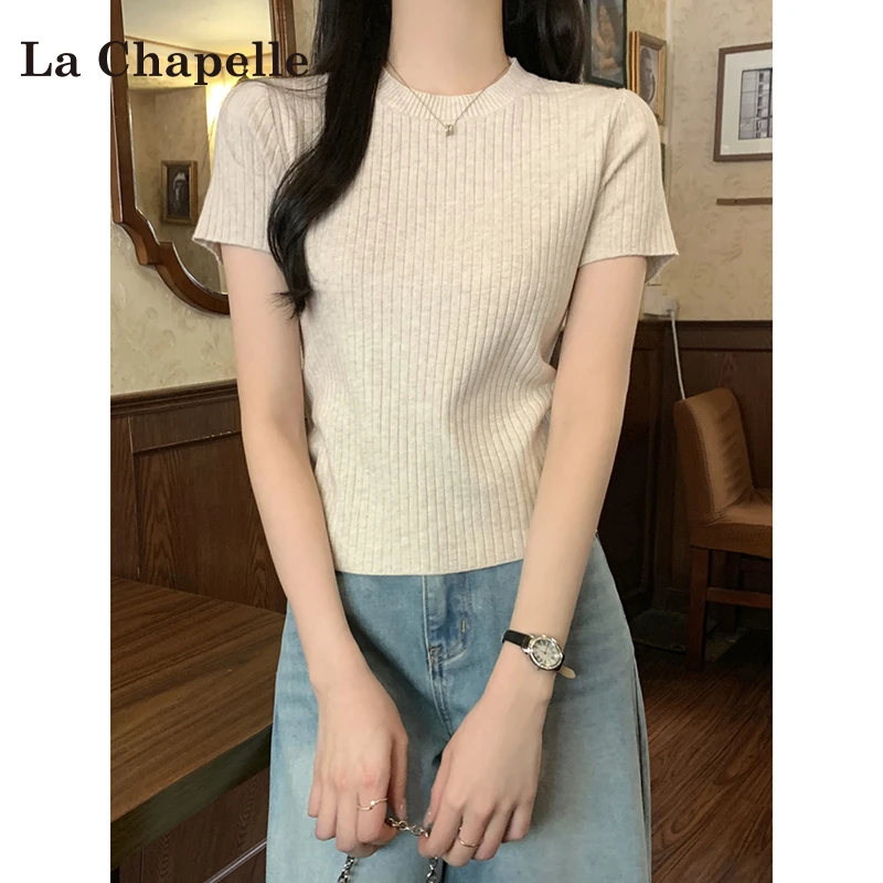 拉夏贝尔圆领小个子针织短袖T恤女夏季2025新款修身百搭短袖上衣