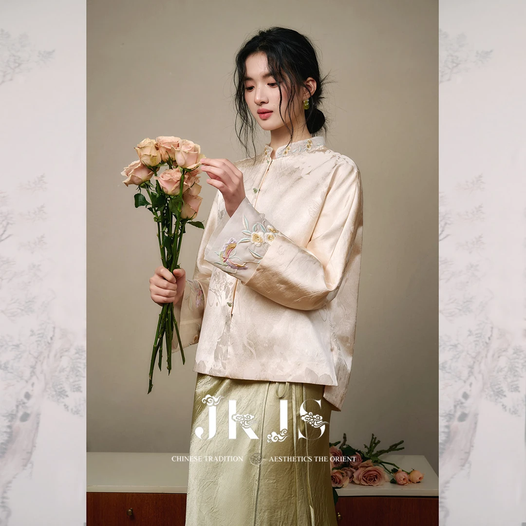 【JKJS】人丝缎感提花 袖口绣花 新中式外套+醋酸半身裙【分开拍】