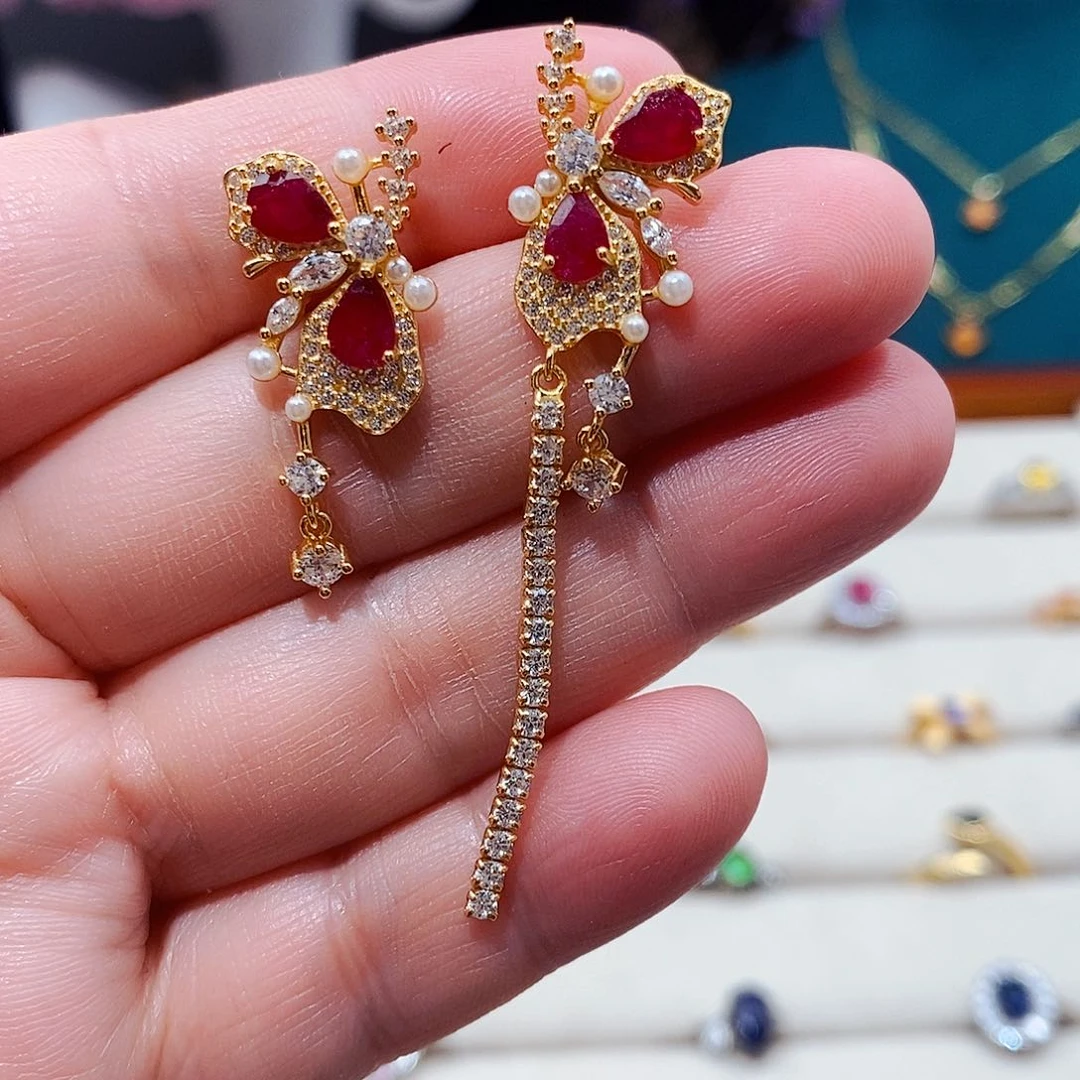 红宝石耳饰银S925镶嵌