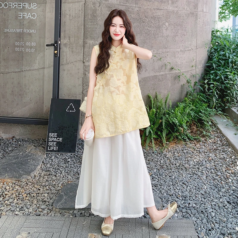 新中式盘扣刺绣衬衫背心阔腿裤套装女2025夏装新款洋气小衫三件套