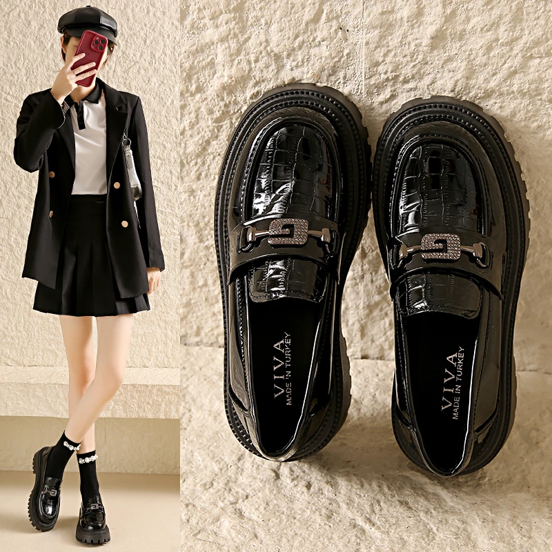 5cm真软皮英伦风小皮鞋百搭2025春秋新款厚底水钻乐福鞋