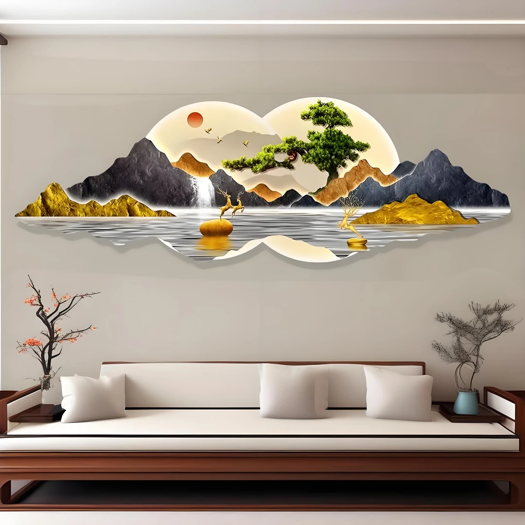 新中式迎客松山水沙发装饰画客厅茶室会议室背景墙画日照金山挂画