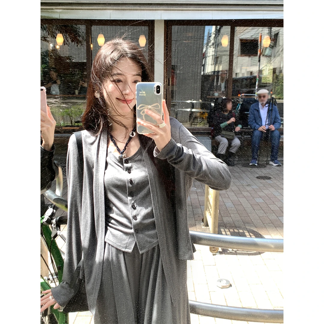 夏诗文 莱赛尔天丝羊毛堆领针织开衫/抽褶背心/垂感阔腿长裤女夏