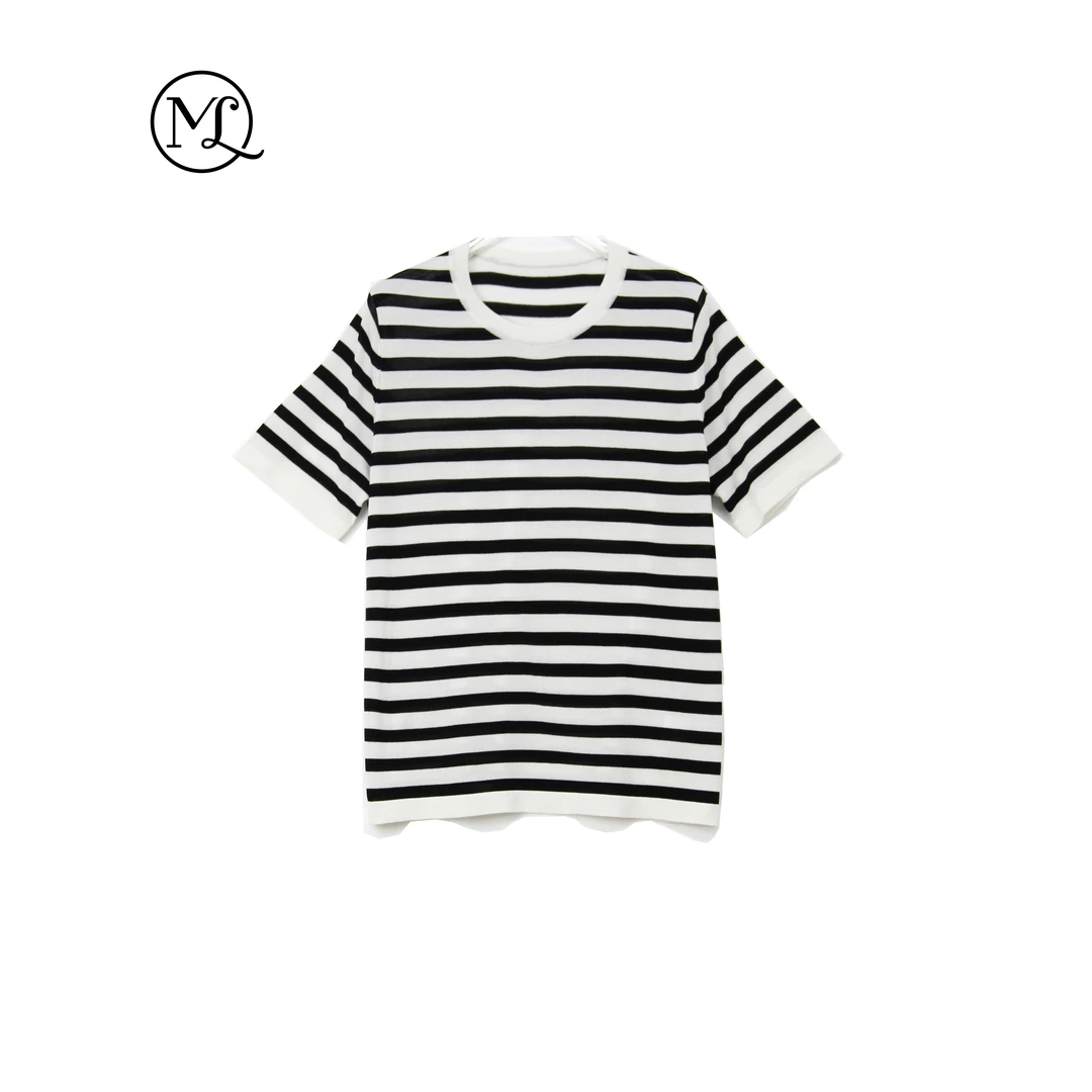 【桑蚕丝条纹衫】桑蚕丝黑白条纹短袖25年新款气质显瘦极简夏女短袖