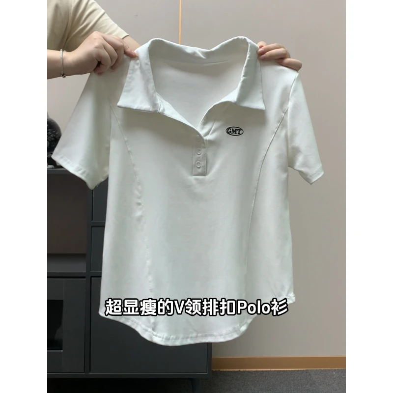 大码慵懒风正肩排扣polo衫纯色短袖t恤女夏季新款百搭显瘦上衣ins