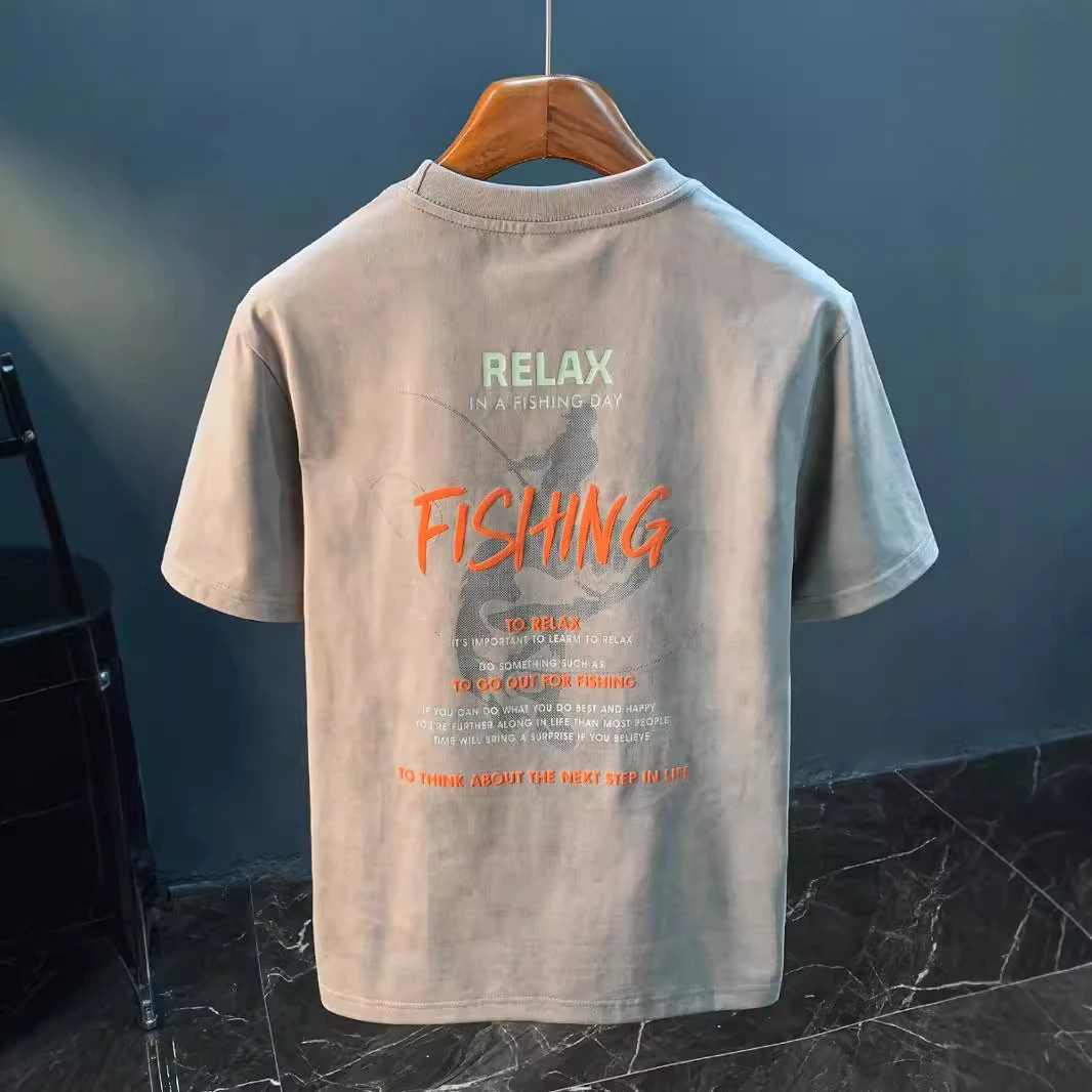 鲨鱼垂钓者高品质轧染水印重磅短袖T恤男士夏季美式复古半袖体恤