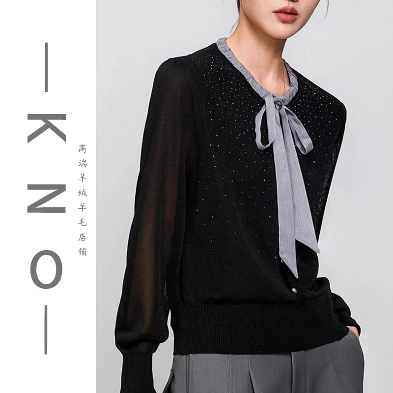 【KNO】早春新款高端时尚拼接花边领丝带长袖针织衫