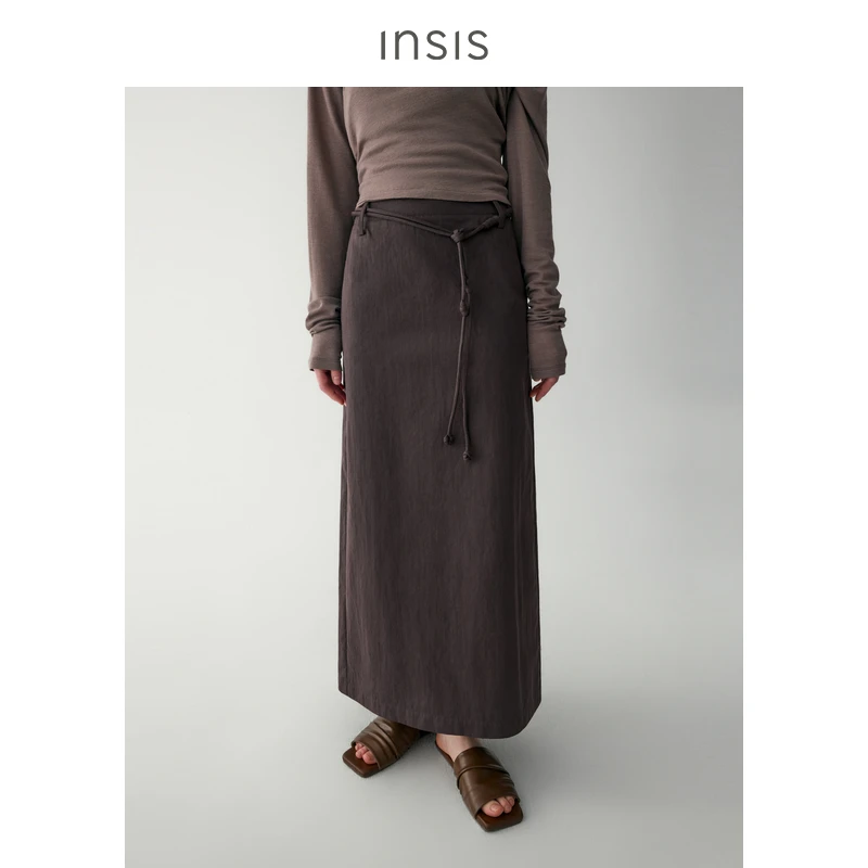 INSIS FEMME斜纹皱感肌理棉2025春季新款手工编织腰带直筒长裙女