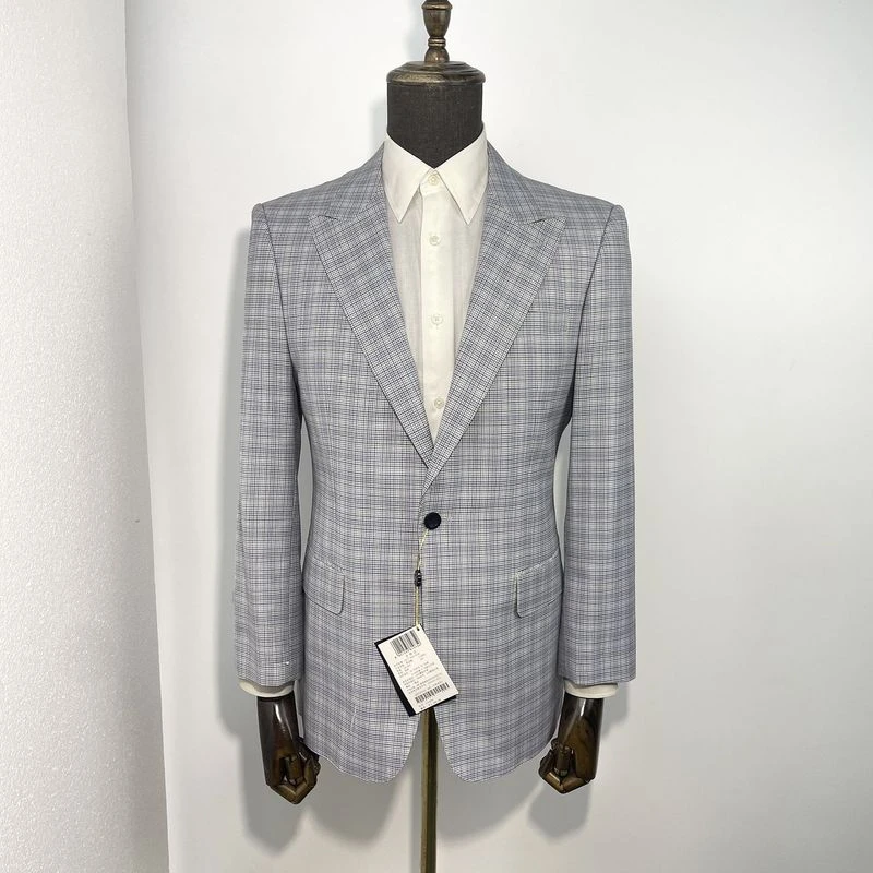 U1284A 羊毛+苎麻 戗驳领一粒扣单开叉西服外套男浅蓝格纹休闲