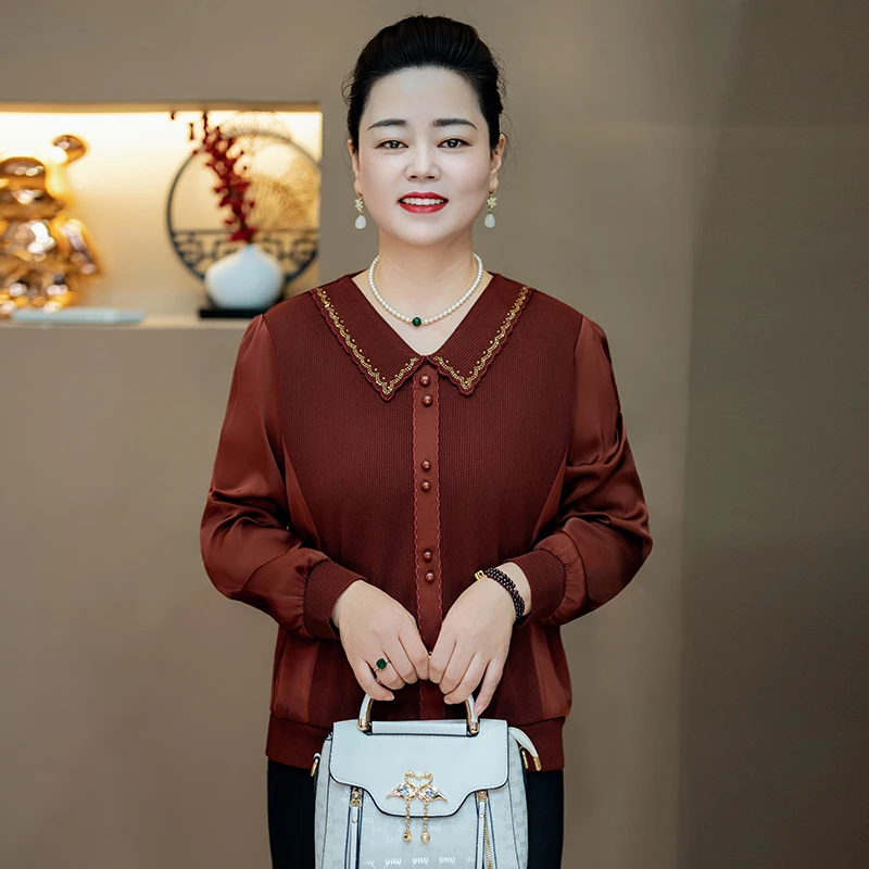 妈妈装秋纯色小衫百搭宽松休闲长袖翻领女减龄中老年洋气时尚春秋