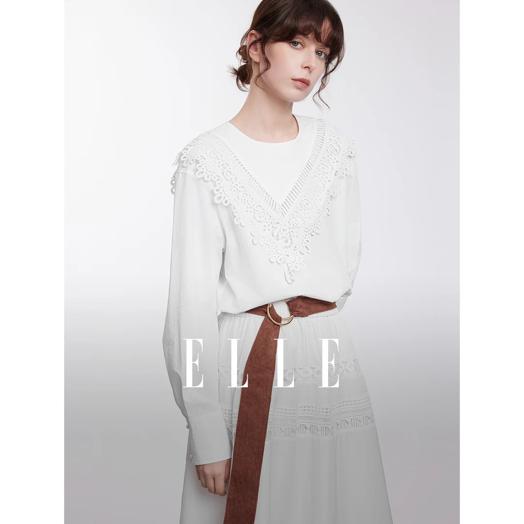 ELLE蕾丝花边设计感白衬衫女优雅小衫2025春新款甜美上衣EM50897