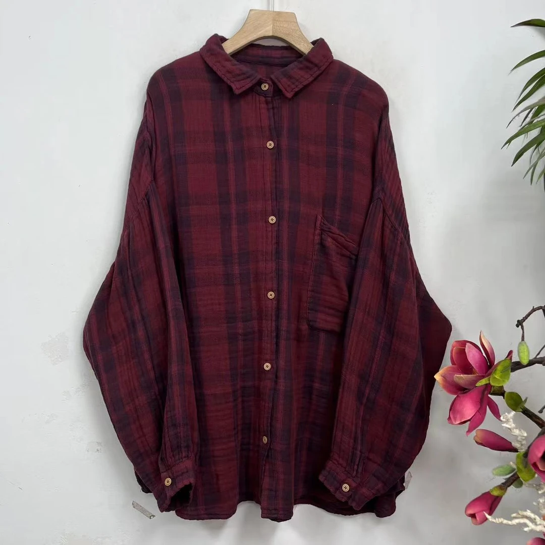 花璟原创设计炒色做旧格纹衬衫上衣（衣长73胸围136）