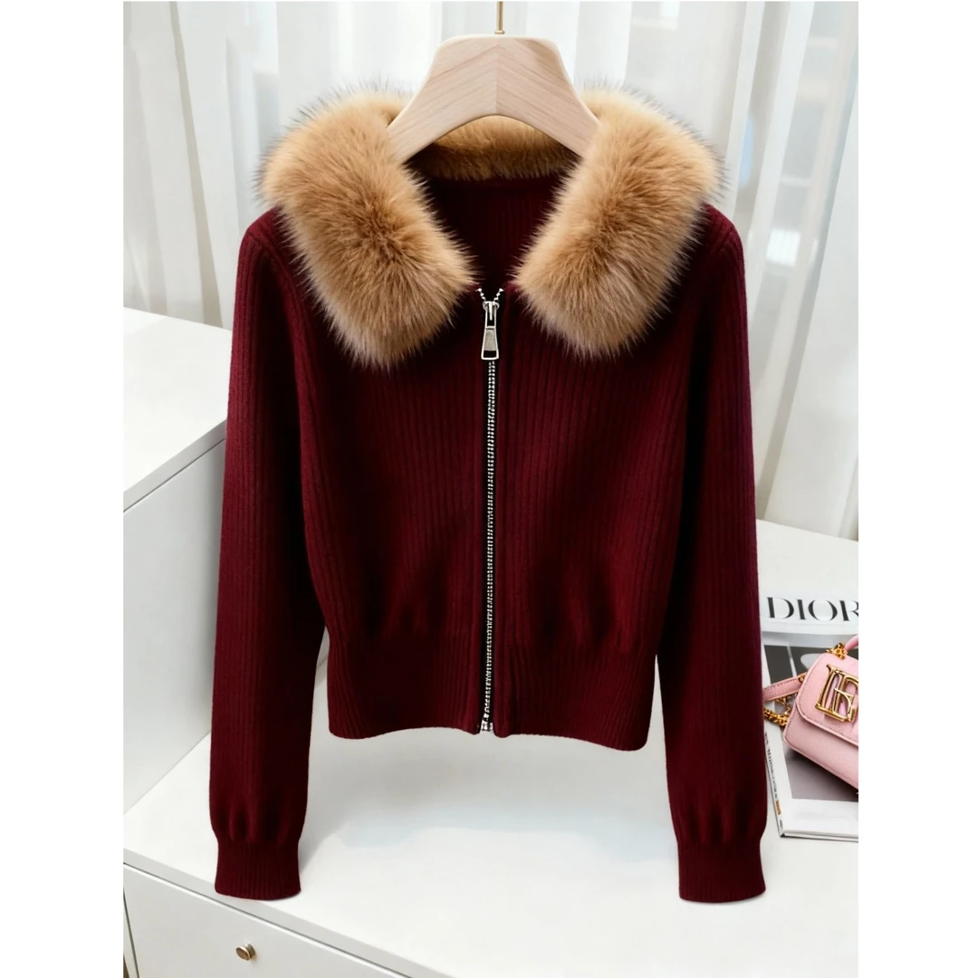 洋气时尚绝美奶呼呼软糯慵懒风宽松毛领红色长袖针织衫毛衣女秋冬