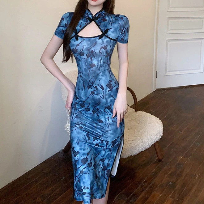 性感开叉改良复古旗袍中国风夏季修身连衣裙中长款收腰显瘦包臀裙