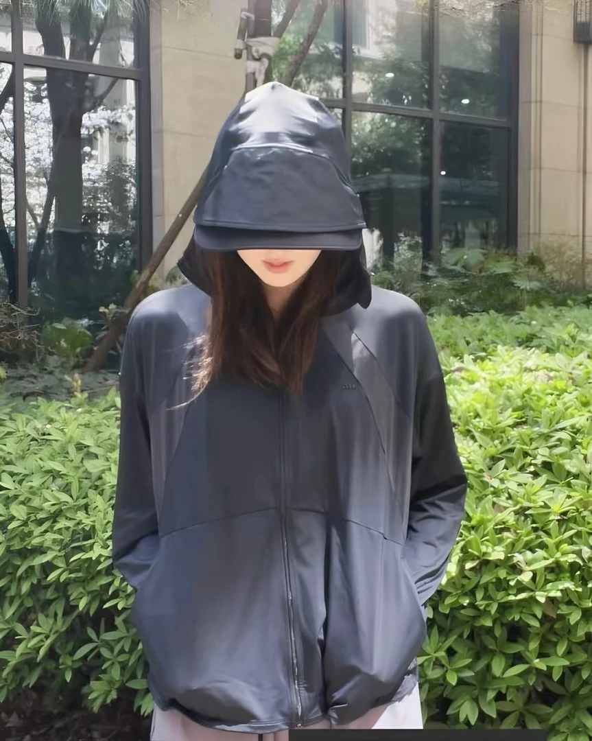 （焦）冰皮原纱冰感透气户外防晒衣不可拆卸黑胶帽子落肩薄外套