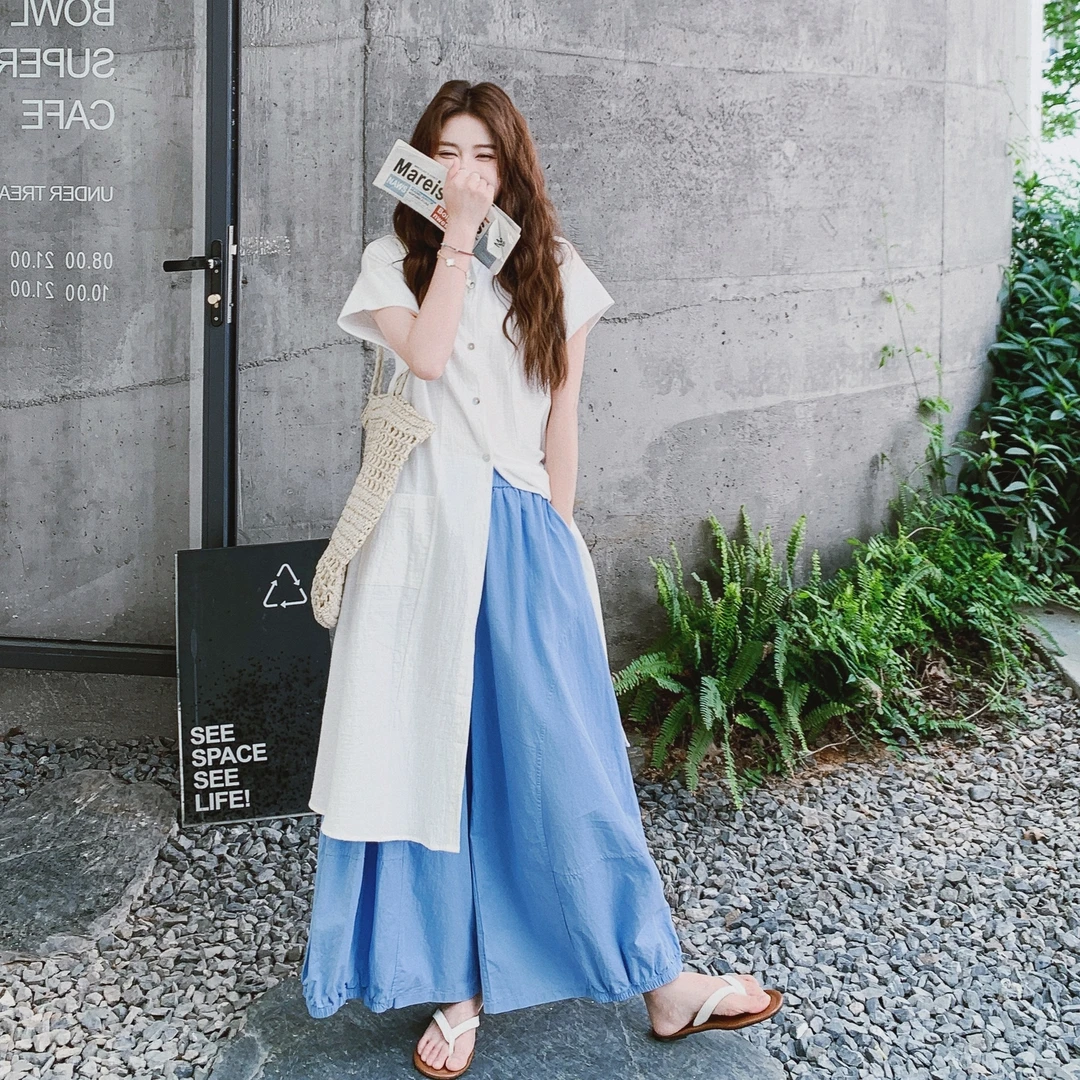 法式气质白色圆领衬衫裙套装女夏季2025新款蓝色阔腿灯笼裤两件套