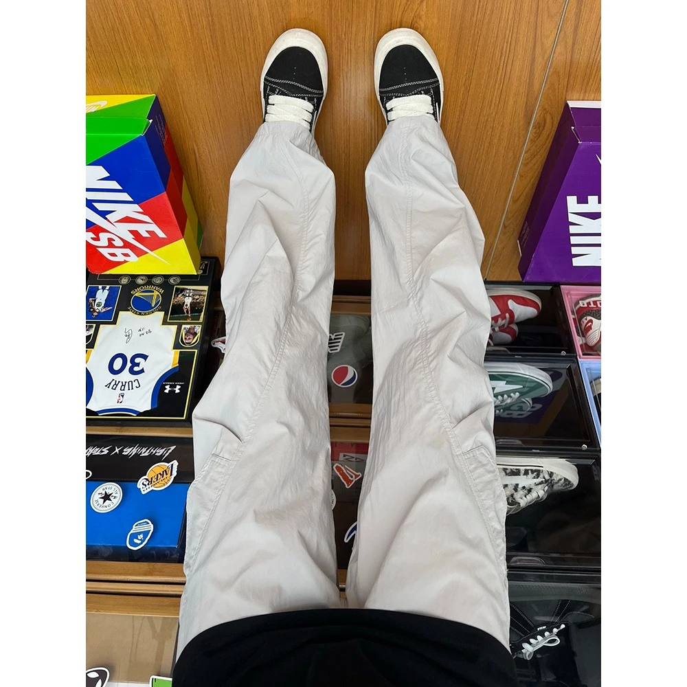 美式速干冰丝裤子男秋季薄款高级感褶皱伞兵工装裤潮牌垂感阔腿裤