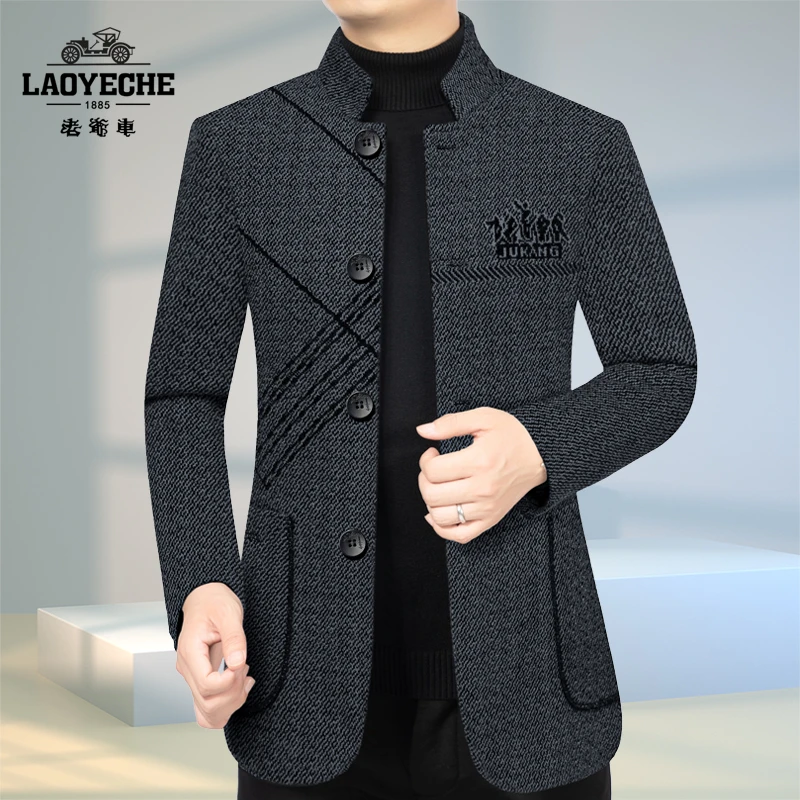 老爷车高档秋冬加厚毛呢男士立领休闲西装夹克外套商务西服中山装