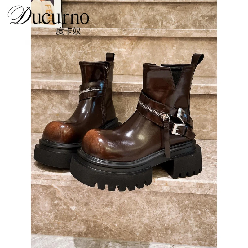 欧货大头拉炼烟筒靴马丁靴机车靴切尔西靴短靴厚底松糕小个子女鞋