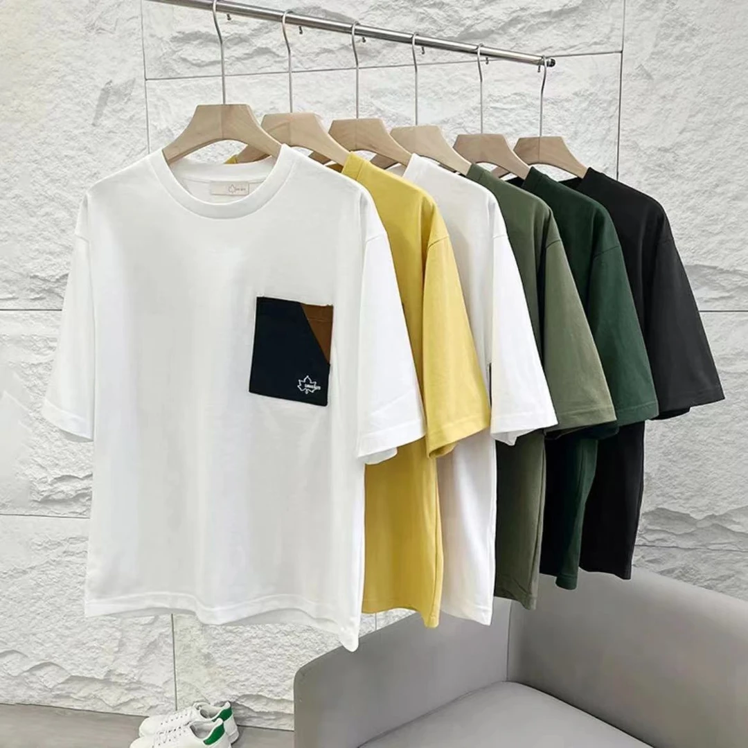 男款山系复古 街头厚实棉迷彩口袋潮流素色宽松短袖T恤-5324