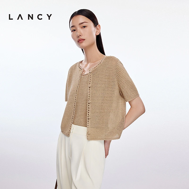 LANCY/朗姿2025夏新款高级感镂空亚麻短袖针织开衫女轻薄短款外搭