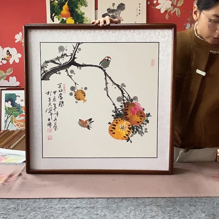 国画手写手绘带框包邮国画作品62✖️62