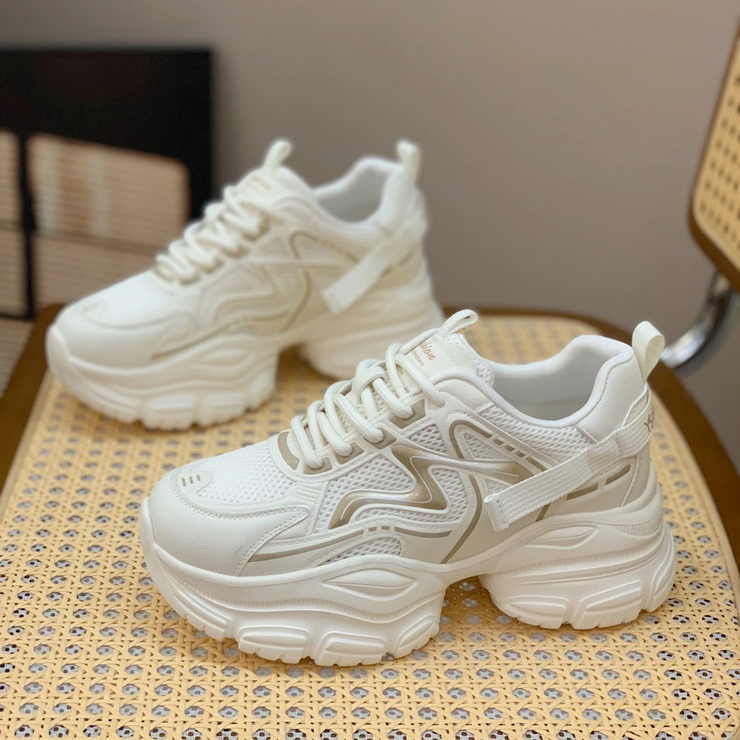 小个子轻便厚底网面镂空真皮老爹鞋女2025夏季新款简约百搭运动鞋