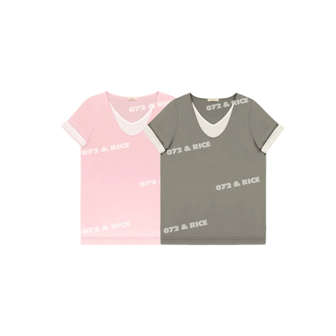 072 & RICE【半糖主义】夏季休闲圆领假两件短袖上衣 32NB341Z*