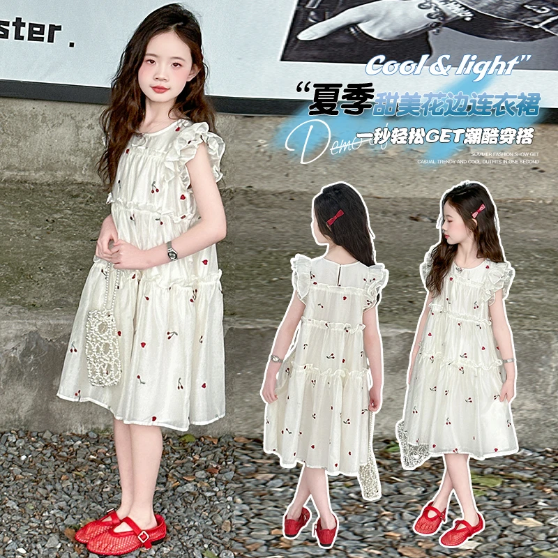 2025洋气儿童夏季韩版樱桃刺绣公主连衣裙