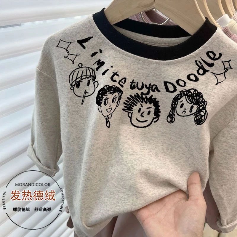 韩系德绒儿童新款长袖T恤可爱百搭圆领男女童卡通拼色打底上衣