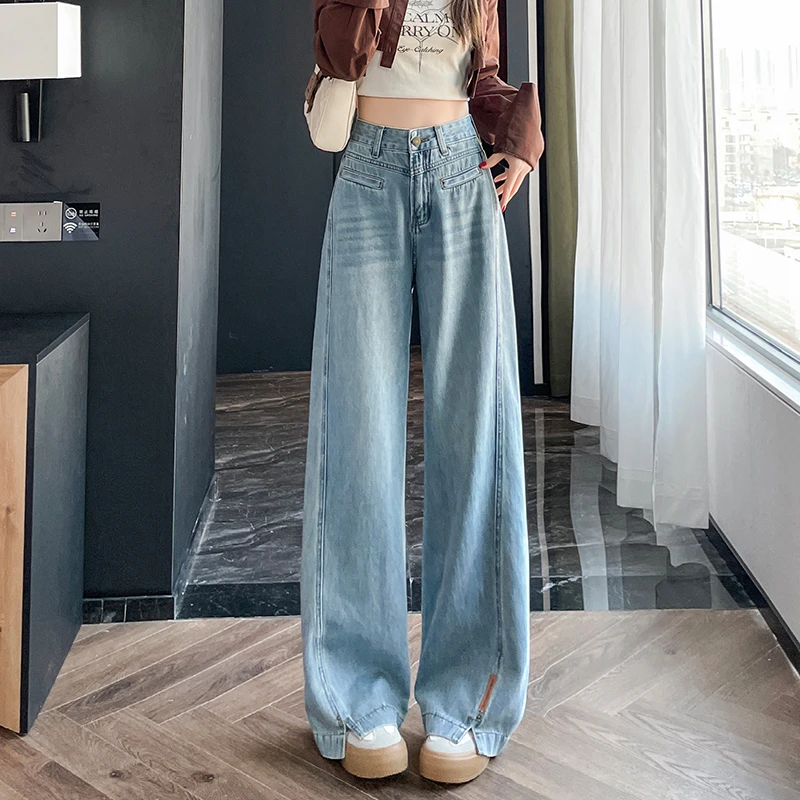 阔腿裤牛仔裤女款春秋2025新款宽松显瘦设计感开叉高腰窄版直筒裤
