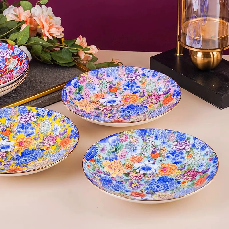 景德镇陶瓷器珐琅彩描金斗彩万花深菜盘家用中式宫廷风轻奢高档盘