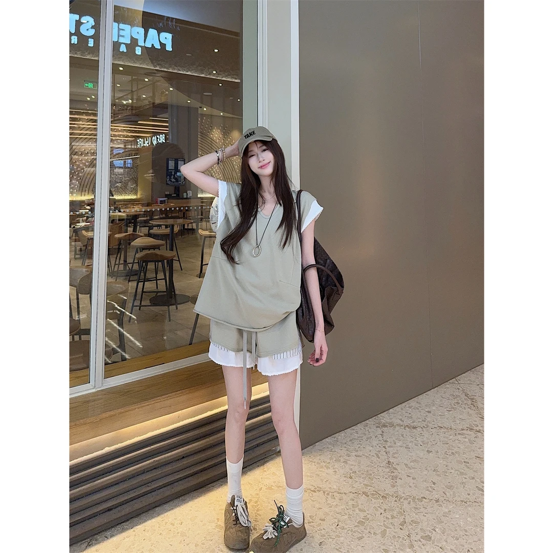 学院风小众v领绑带拼接无袖上衣+高腰短裤假两件小个子休闲套装夏